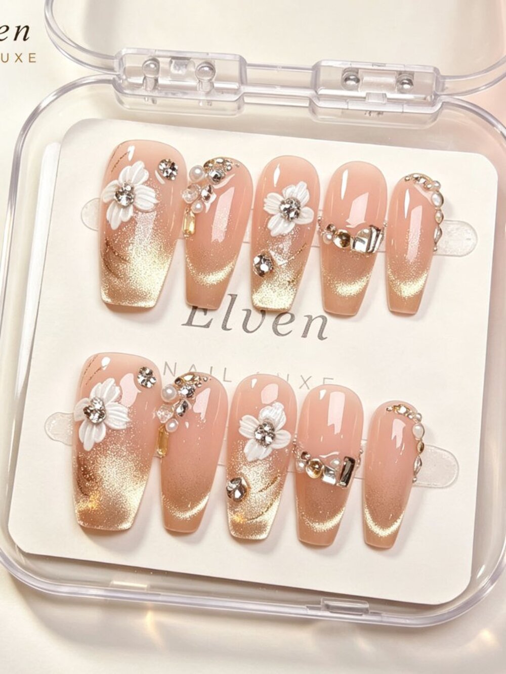 Floral Medium Coffin Press On Nails Peach Nude Gold Gradient White Flower Pearl